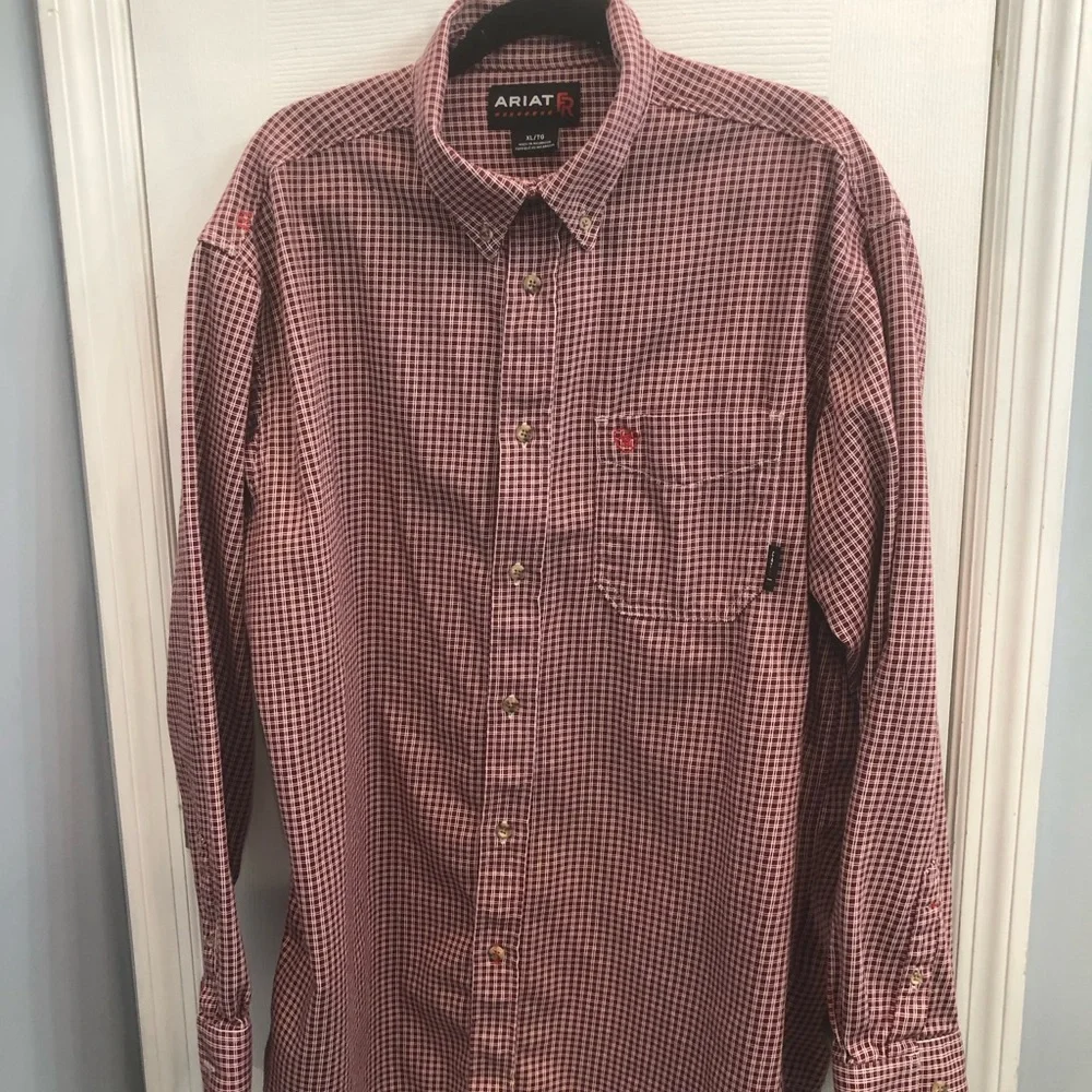 Ariat FR Work Shirt Men's Red Wine Check Plaid CAT 2 8.9 ATPV Flame Resistant